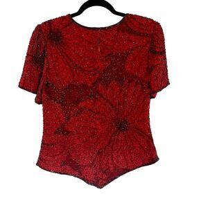 ANDRETTA DONATELLONRed Floral Beaded Top Size L 90s Glam Vintage Old Money0